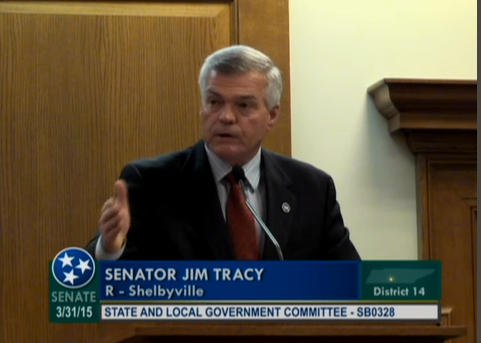 State Sen. Jim Tracy addressing the Senate State and Local Government Committee about the fees-to-inspect bill.