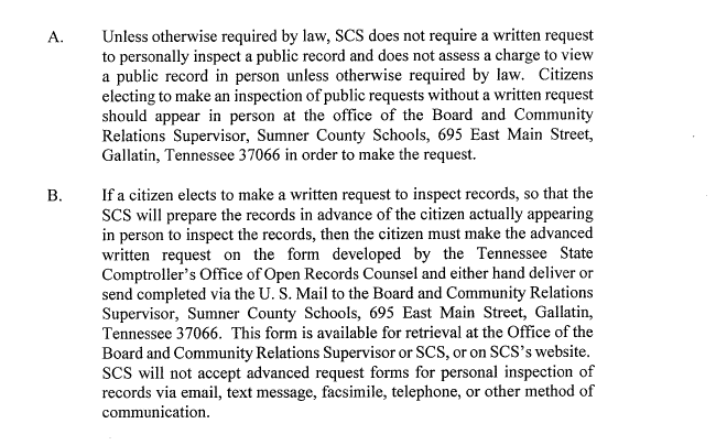 Sumner County Board of Education public records policy that was ruled illegal because it "put form over substance" and restricts how a person can make a request.
